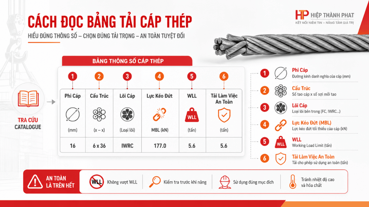 Bảng tải trọng cáp thép và các chỉ số cần đọc trước khi nâng hạ