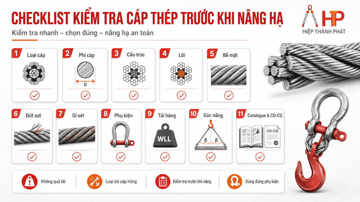 Checklist kiểm tra cáp thép trước khi xác nhận tải trọng làm việc