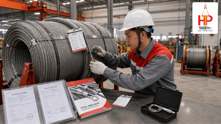 Cuộn cáp thép và hồ sơ CO CQ được kiểm tra tại kho Hiệp Thành Phát TP.HCM