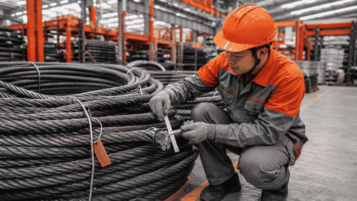 Kỹ thuật viên kiểm tra đường kính cáp thép bằng thước đo trong kho công nghiệp tại TP.HCM
