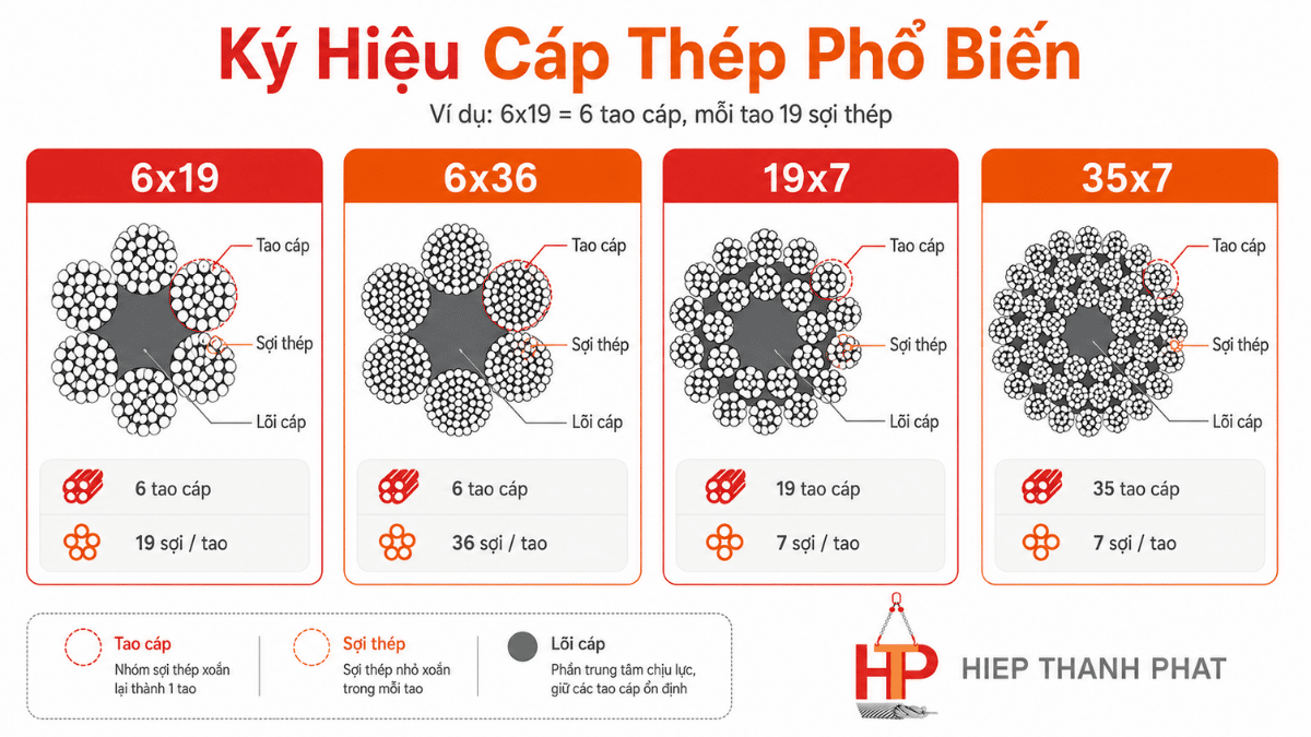 Infographic giải thích ký hiệu cáp thép 6x19 6x36 19x7 35x7