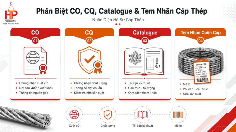 Infographic phân biệt CO CQ catalogue và tem nhãn cáp thép