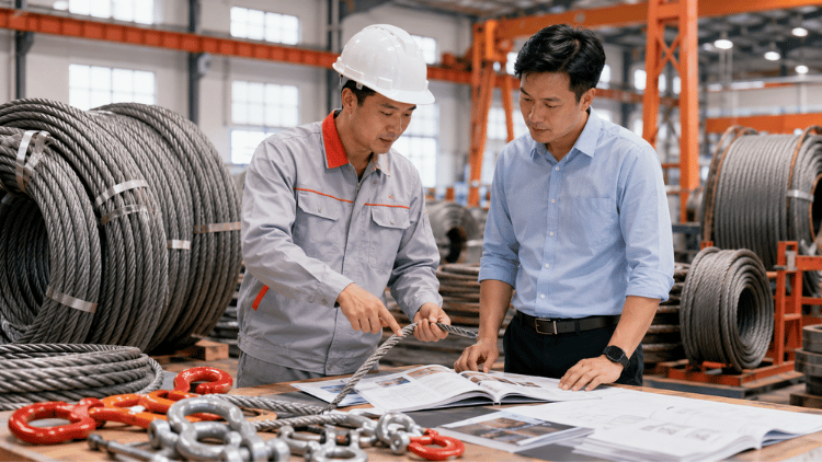Nhân viên tư vấn cáp thép và chứng từ kỹ thuật cùng khách hàng tại kho công nghiệp