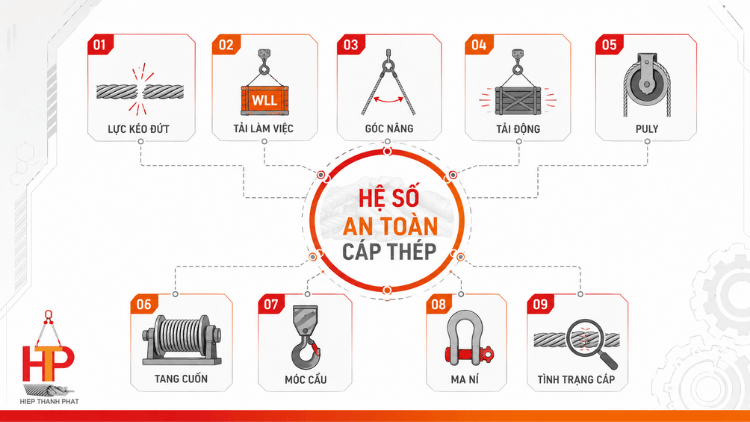 Infographic các yếu tố ảnh hưởng đến hệ số an toàn của cáp thép khi nâng hạ