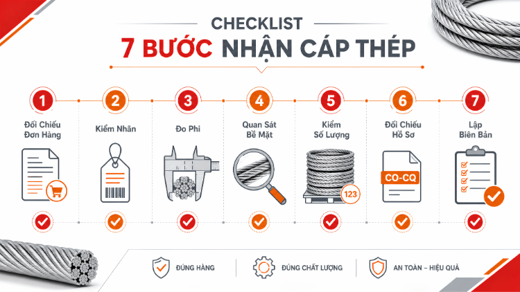 Kỹ thuật viên đo đường kính cáp thép bằng thước kẹp tại kho công nghiệp