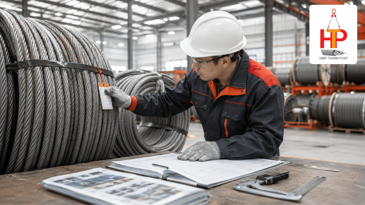 Nhân viên kỹ thuật đối chiếu nhãn cuộn cáp với phiếu giao hàng tại kho