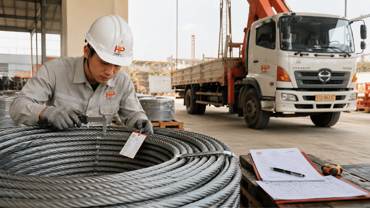 Phòng vật tư kiểm tra cáp thép khi nhận hàng tại công trình