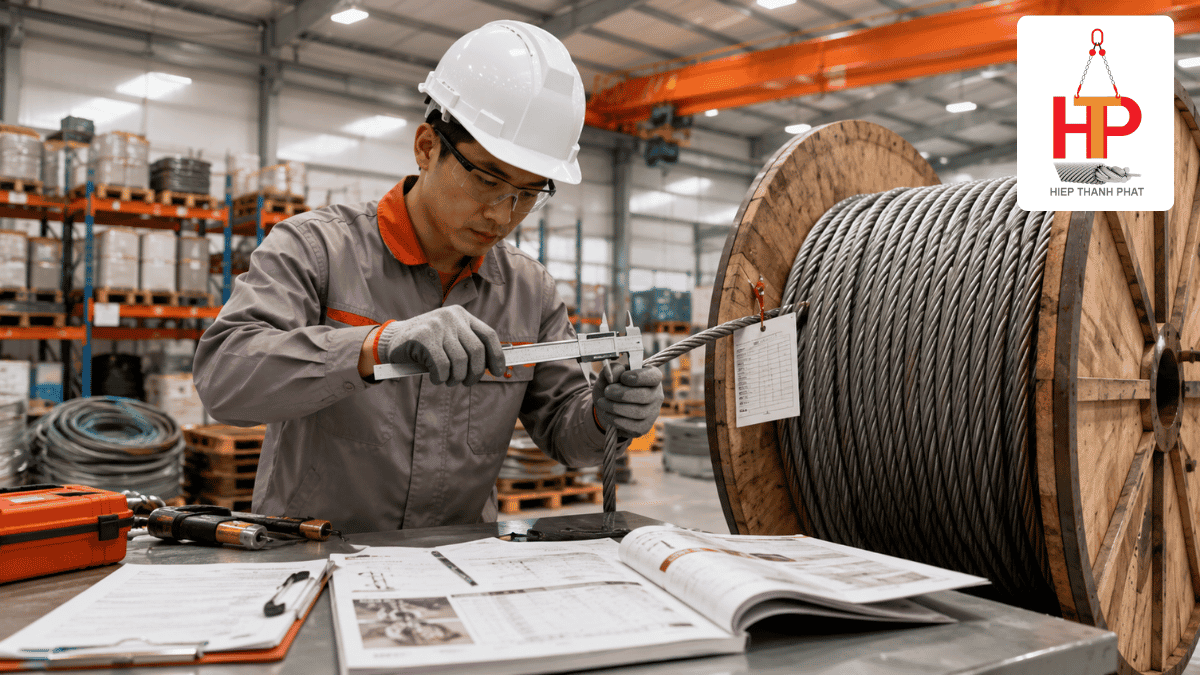 Kỹ thuật viên kiểm tra tem nhãn cáp Kiswire và cáp DSR tại kho