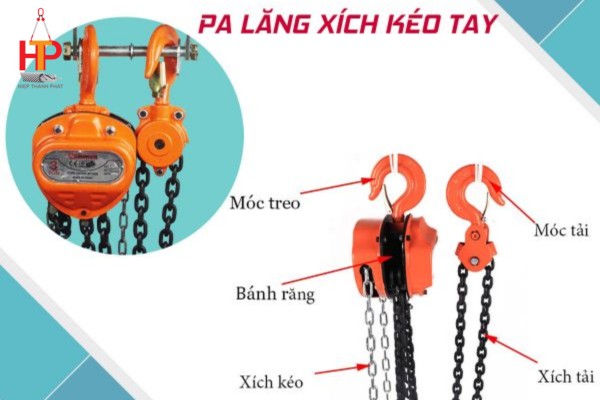 Pa lăng xích kéo tay được cấu tạo gồm nhiều bộ phận khác nhau
